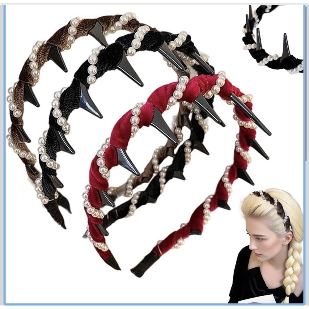 Velvet Wave Headband Set 3pc Faux Pearl Hair Clip Teeth Burgundy Black Brown